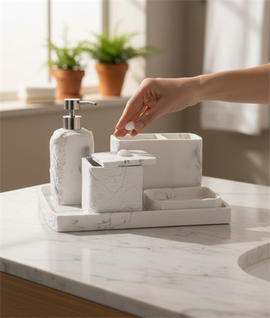 5 Parça Lüx Laduree Stonea Beyaz Silver Tepsili Banyo Seti