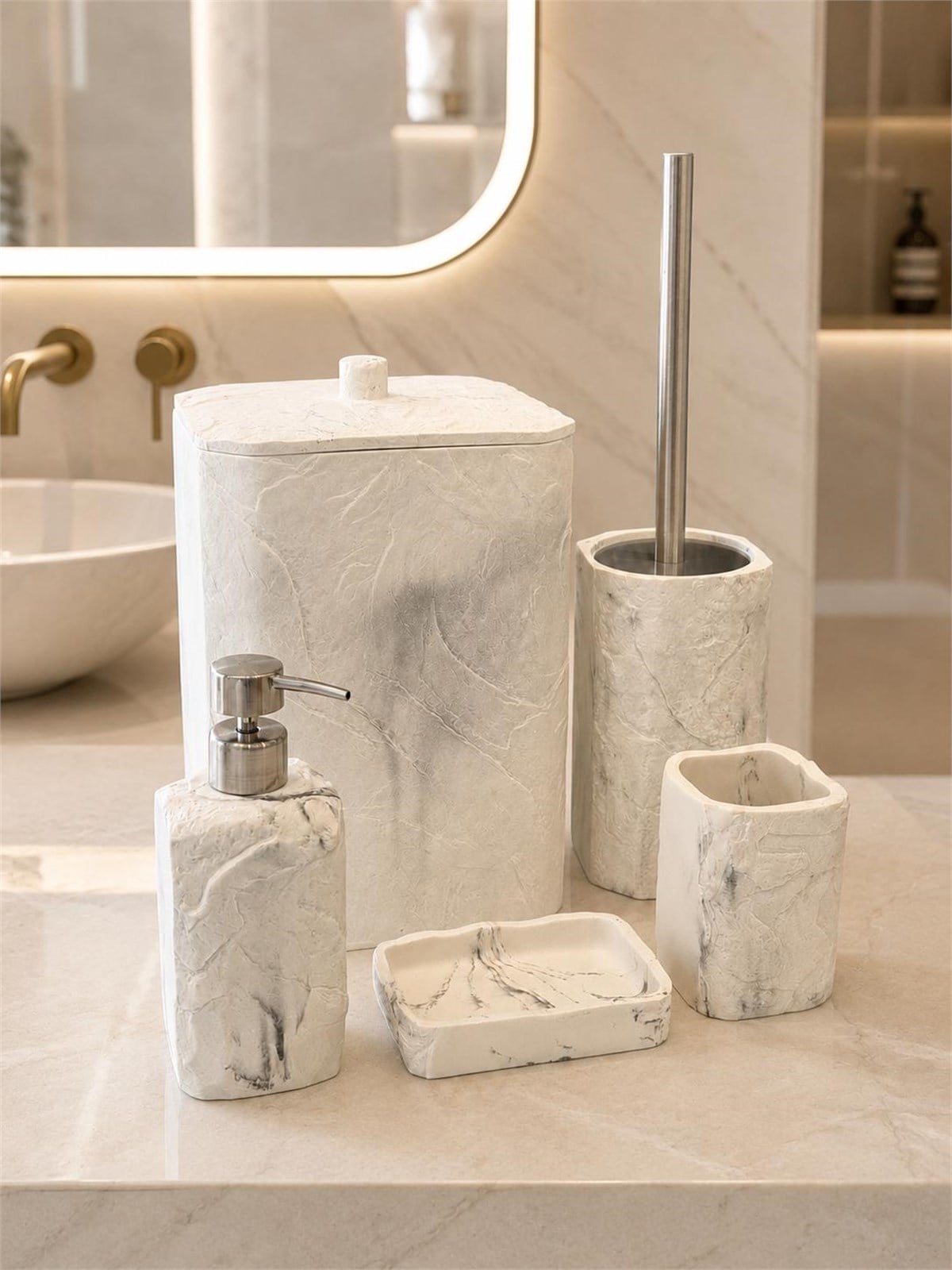 5 Parça Lüx Laduree Stonea Beyaz Silver Banyo Seti