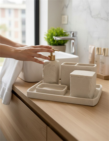 5 Parça Lüx Laduree Stonea Krem Gold Tepsili Banyo Seti