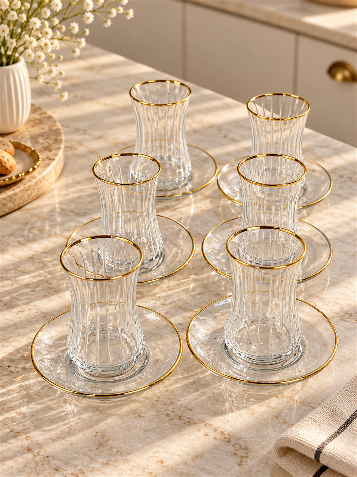 6 Kişilik Alara Gold Detaylı Kesme Çay Bardağı Takımı