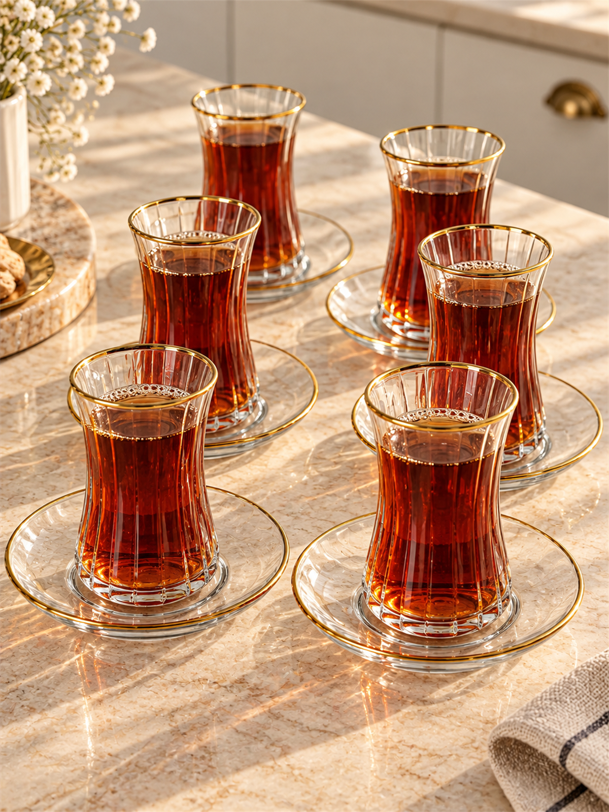 6 Kişilik Alara Gold Detaylı Kesme Çay Bardağı Takımı