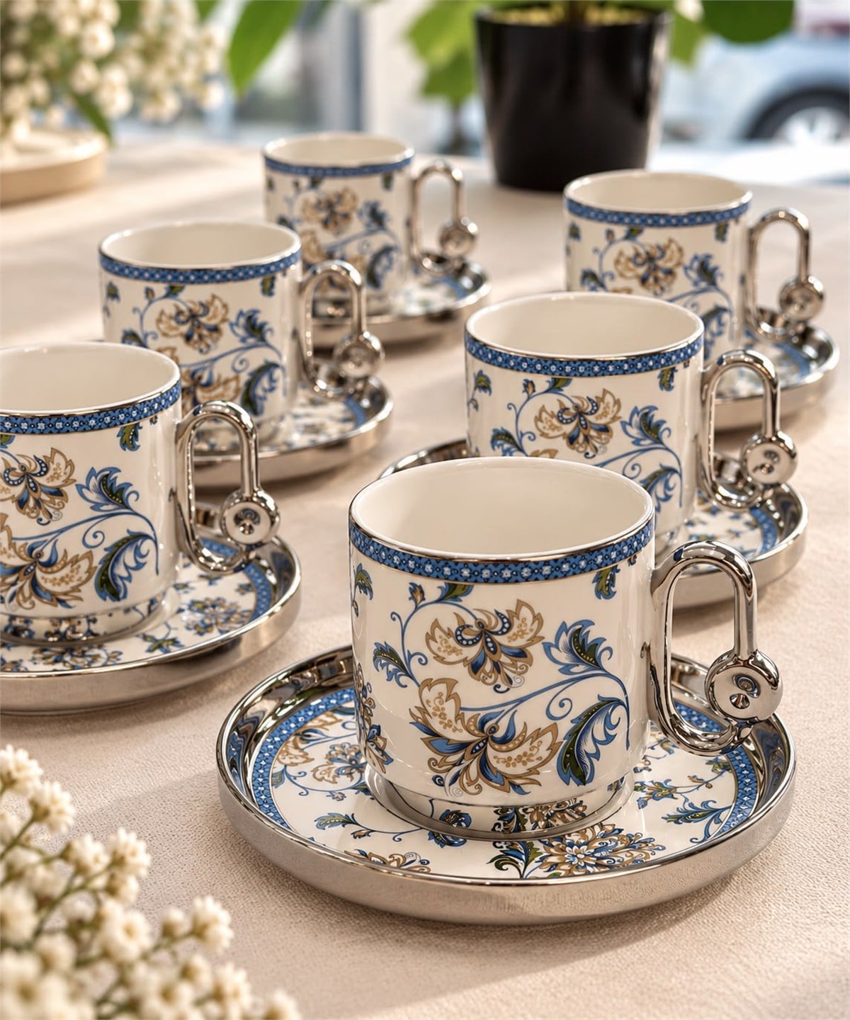 6 Kişilik Kosova  Blue Silver Porselen Kahve Fincan Takımı