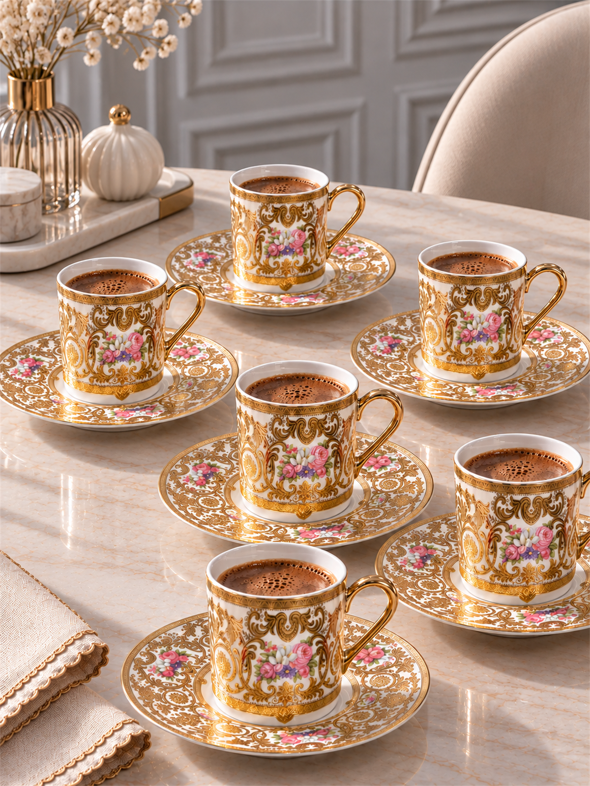 6 Kişilik Porselen 24K Amora Kahve Fincanı
