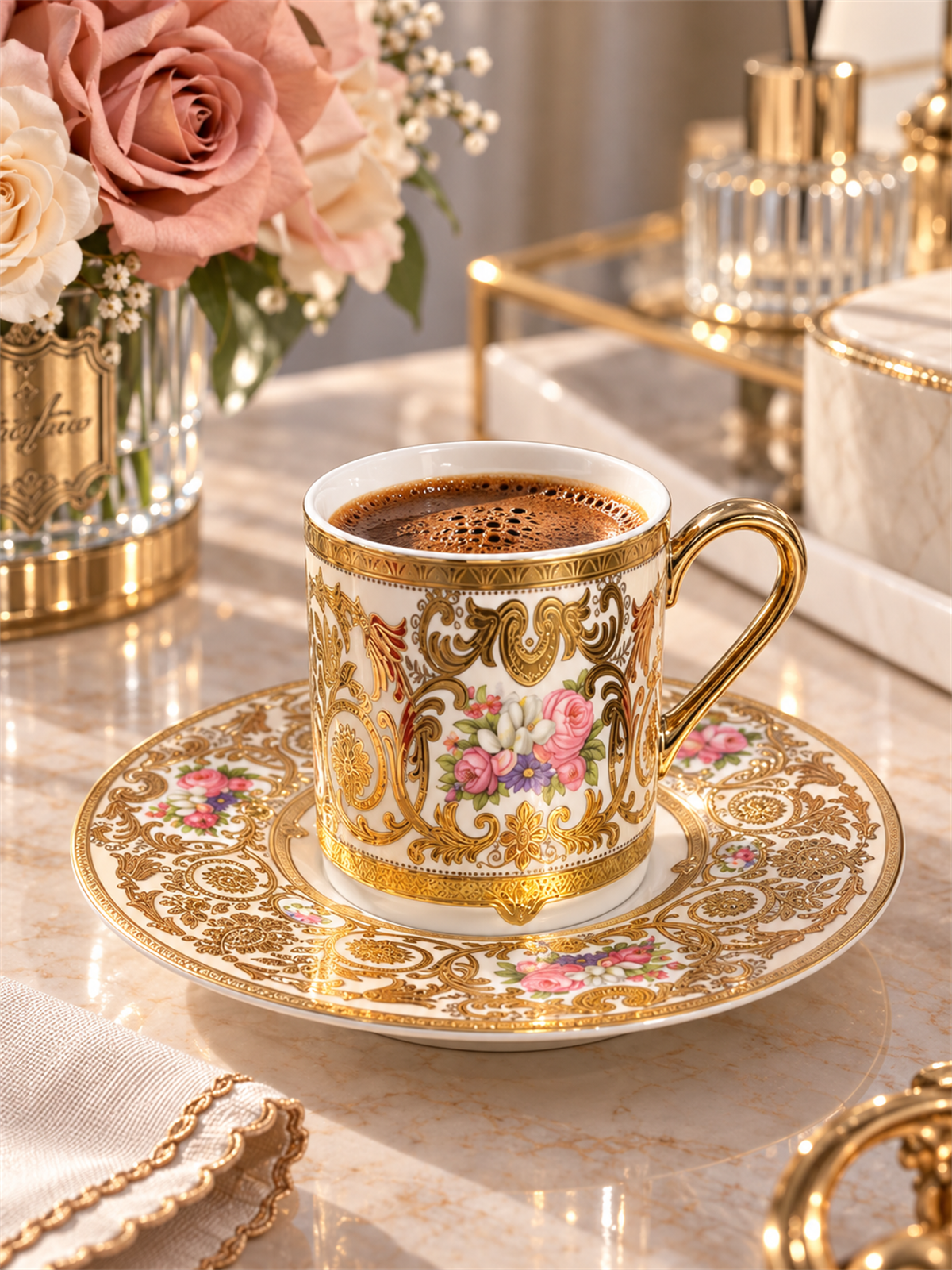 6 Kişilik Porselen 24K Amora Kahve Fincanı