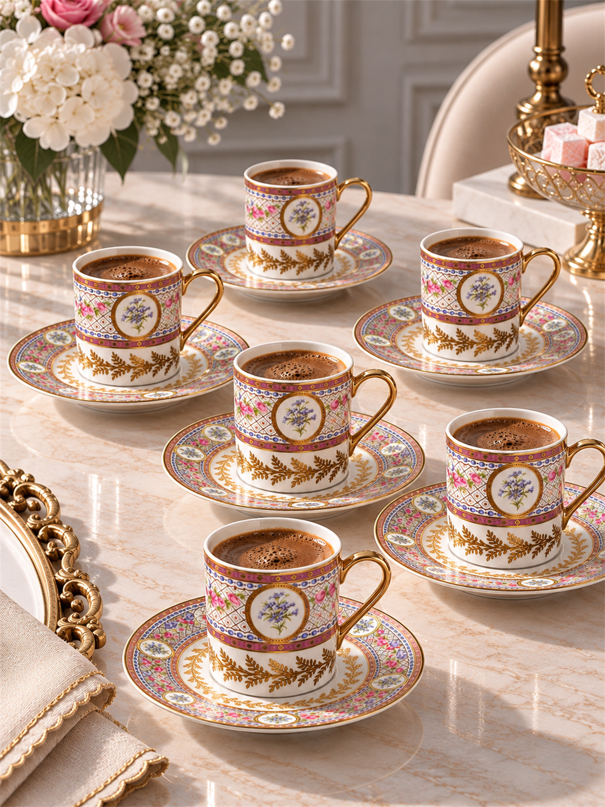 6 Kişilik Porselen 24K Lavanza Kahve Fincanı
