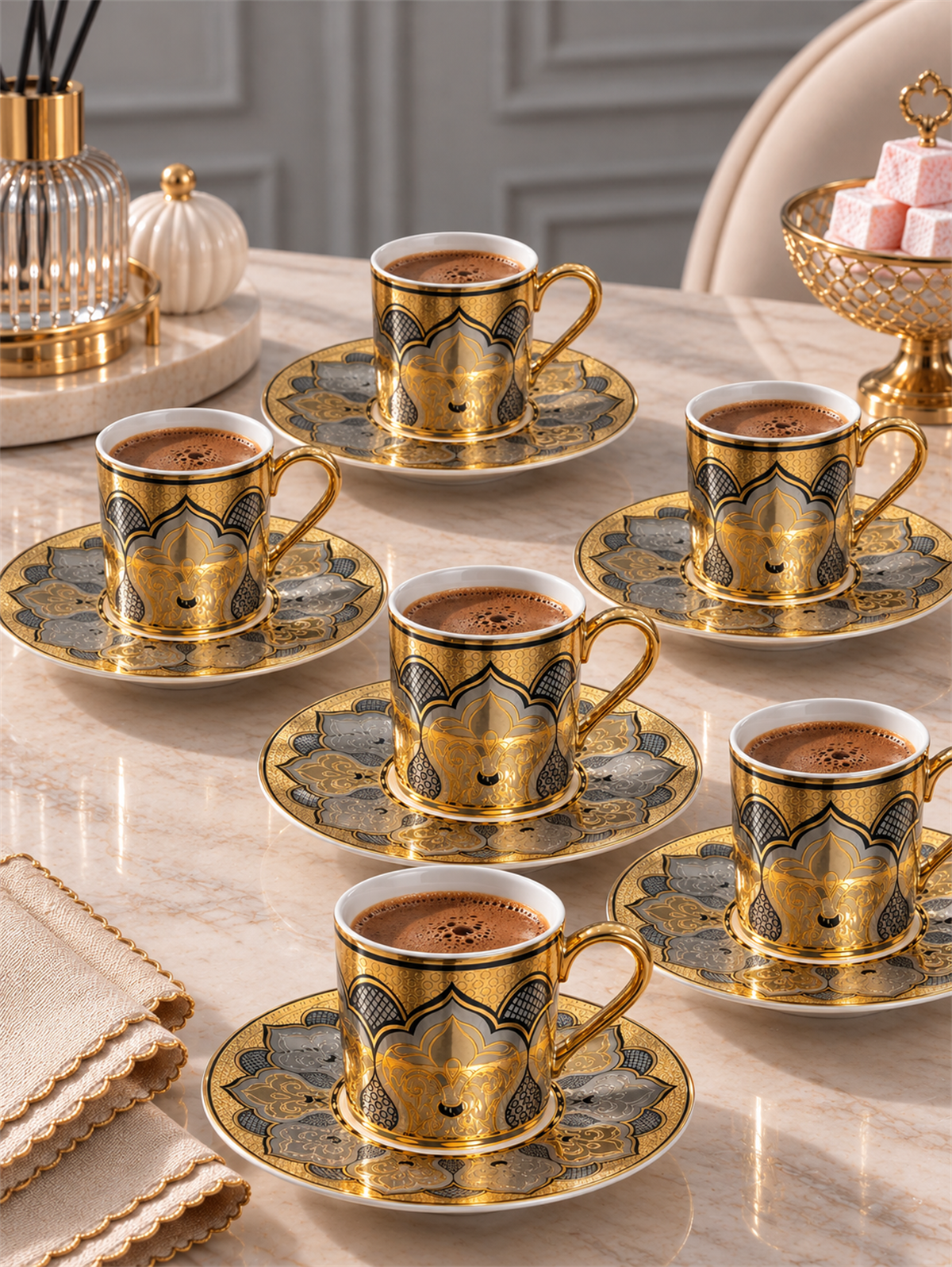 6 Kişilik Porselen 24K Mavera Kahve Fincanı