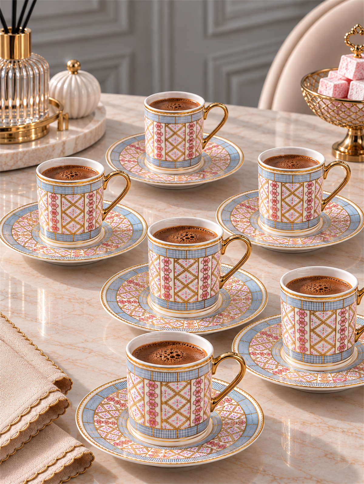 6 Kişilik Porselen 24K Mosaic Kahve Fincanı
