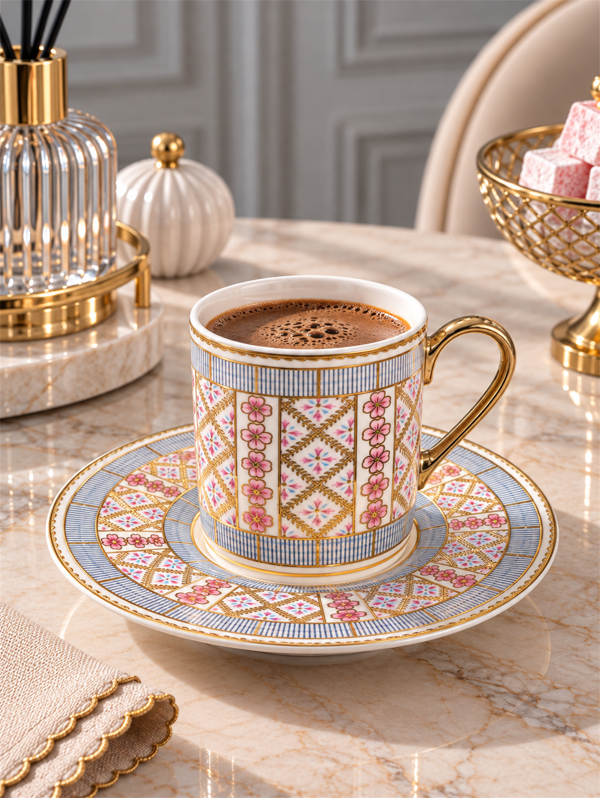 6 Kişilik Porselen 24K Mosaic Kahve Fincanı