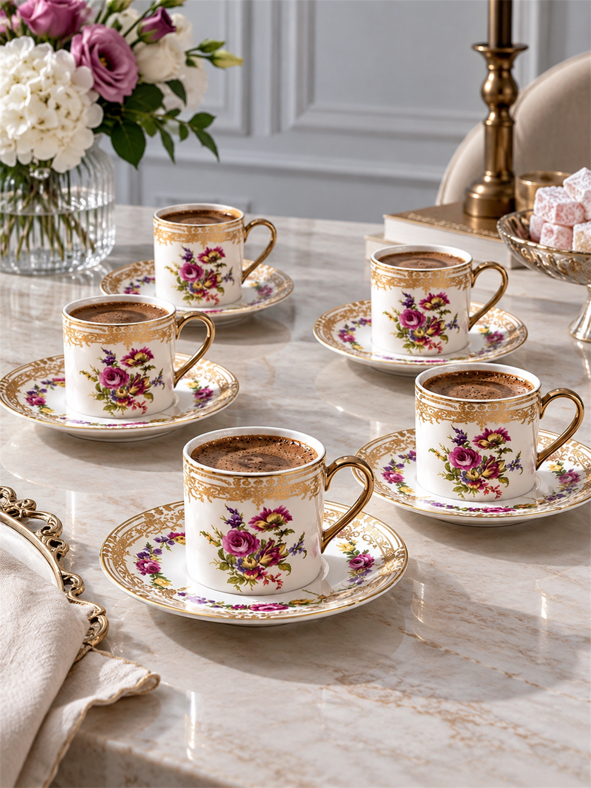 6 Kişilik Porselen 24K Violetta Kahve Fincanı