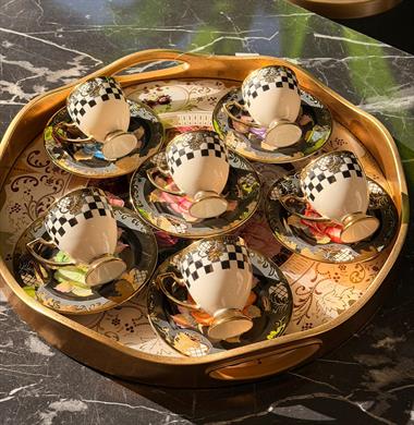 6 Kişilik Porselen Damalı Kahve Fincan Takımı -