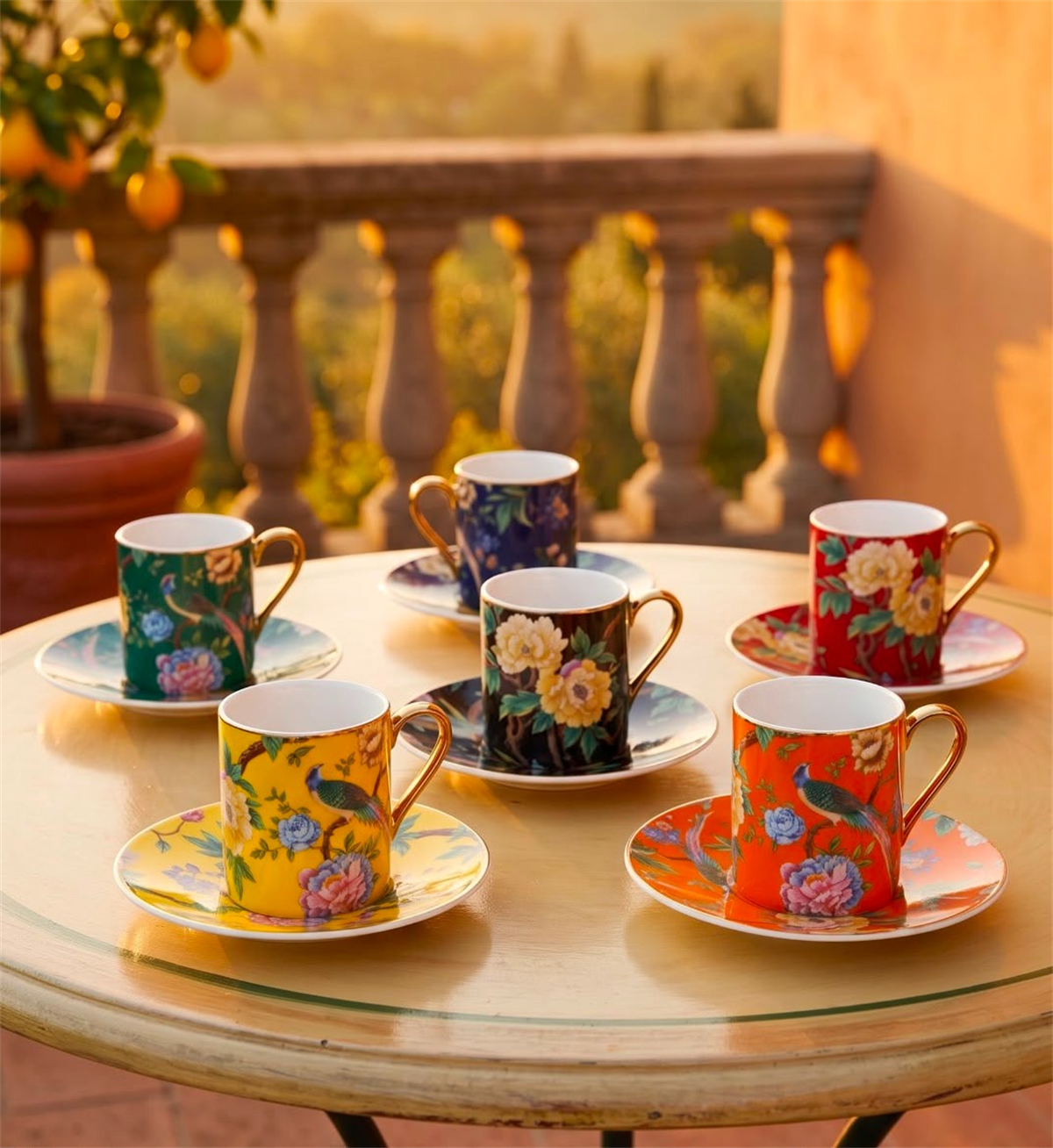 6 Kişilik Porselen Renkli Bird Deco Kahve Fincanı 