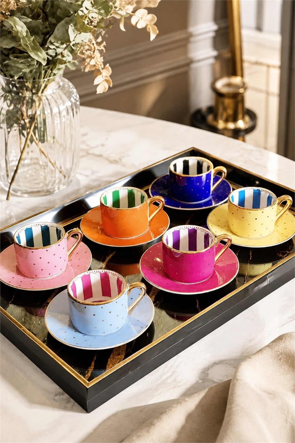 6 Kişilik Porselen Renkli Puantiye Kahve Fincanı 90 ML