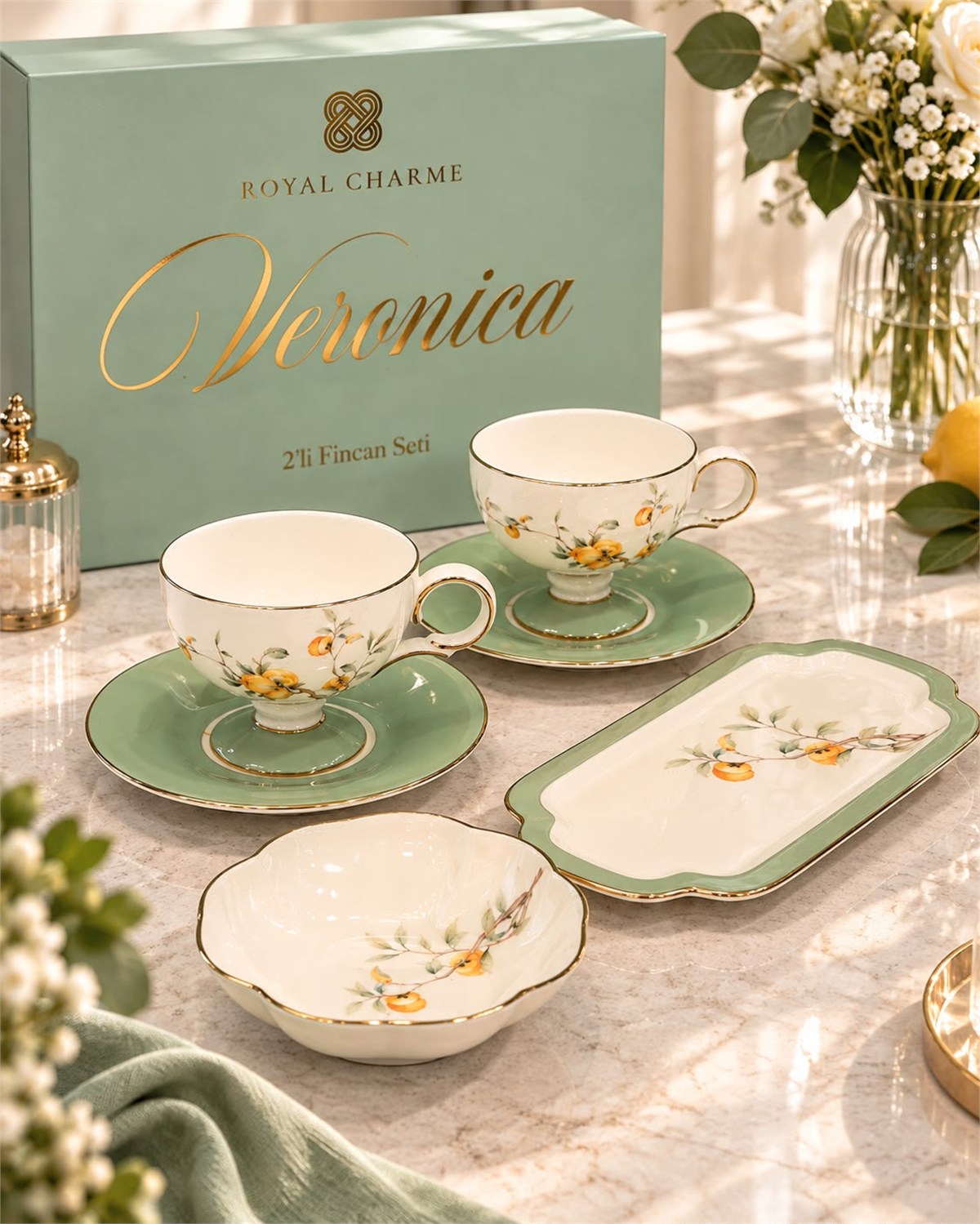 6 Parça 2 Kişilik Mint Porselen Fincan Takımı