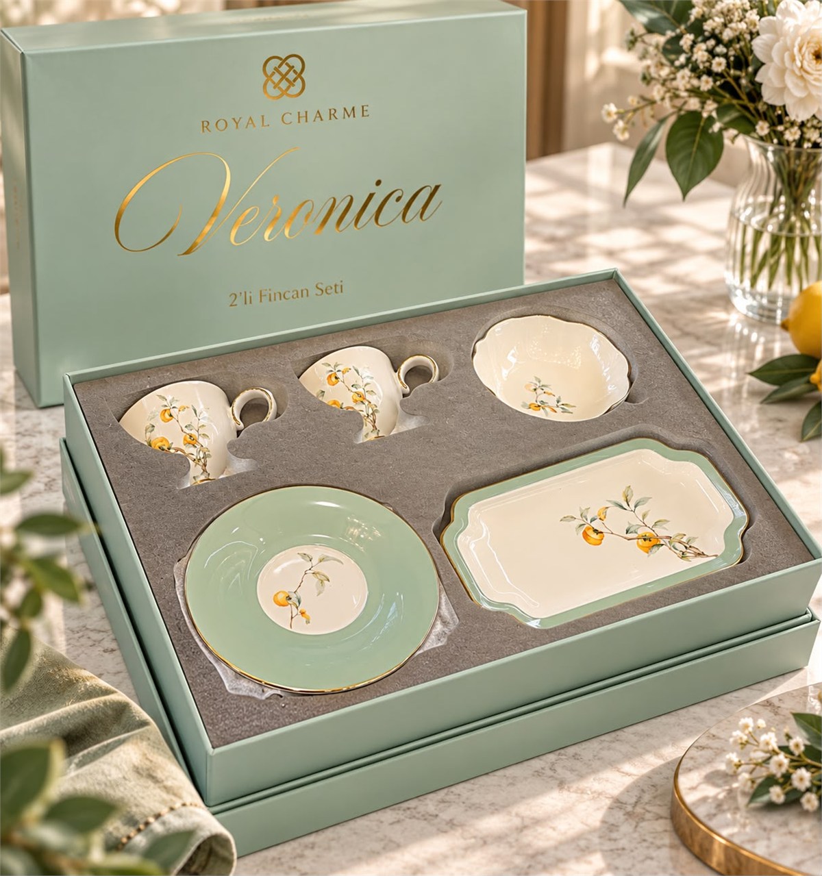 6 Parça 2 Kişilik Mint Porselen Fincan Takımı