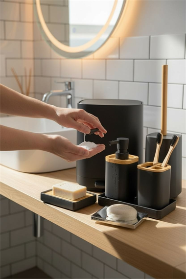 6 Parça Anna Akrilik Bambu Banyo Seti  Siyah