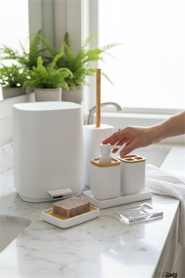 6 Parça Anna Akrilik Bambu Banyo Seti Beyaz