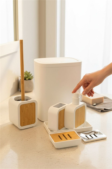 6 Parça Eliza Akrilik Bambu Banyo Seti Beyaz