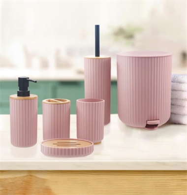 6 Parça Stripe Akrilik Pedallı Bambu Banyo Seti Pembe