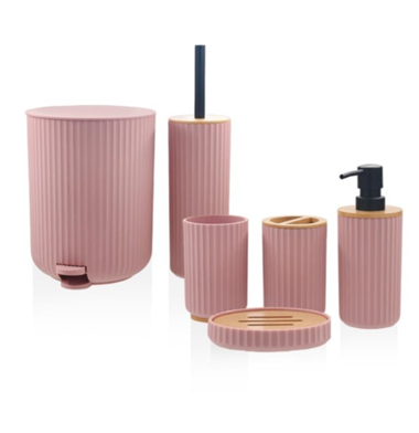 6 Parça Stripe Akrilik Pedallı Bambu Banyo Seti Pembe
