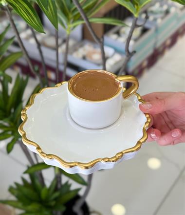 6lı Arges Özel Seri Sunum Tabaklı Kahve Fincanı Beyaz