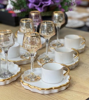 6lı Arges Özel Seri Sunum Tabaklı Kahve Fincanı Beyaz