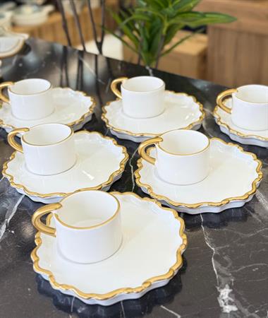 6lı Arges Özel Seri Sunum Tabaklı Kahve Fincanı Beyaz