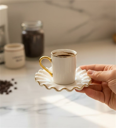 6lı Glore Nihavent Krem Gold Solid Kahve Fincanı Seti