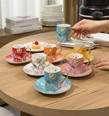 6lı Porselen Fiore Eden Kahve Fincan Renkliı