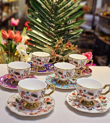 6lı Porselen Flora Gold Mix Kahve Fincanı 