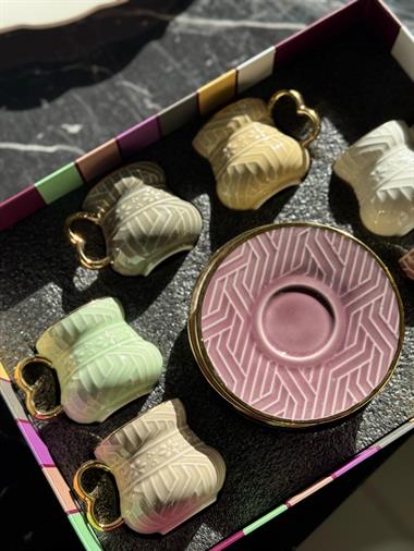 6lı Porselen Linea Kahve Fincanı - Renkli