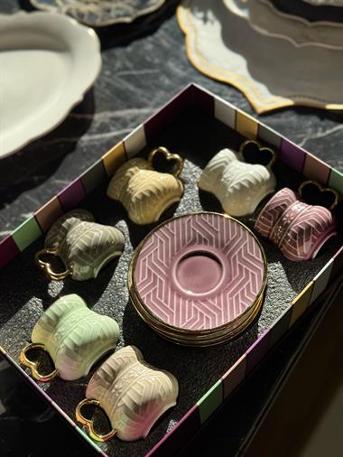 6lı Porselen Linea Kahve Fincanı - Renkli