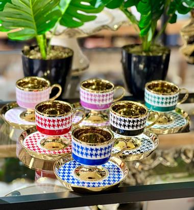 6lı Porselen Lüks Renkli Kazayağı Kahve Fincanı