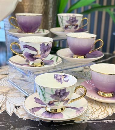 6lı Porselen Purple Lavander Kahve Fincanı