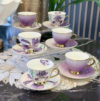 6lı Porselen Purple Lavander Kahve Fincanı