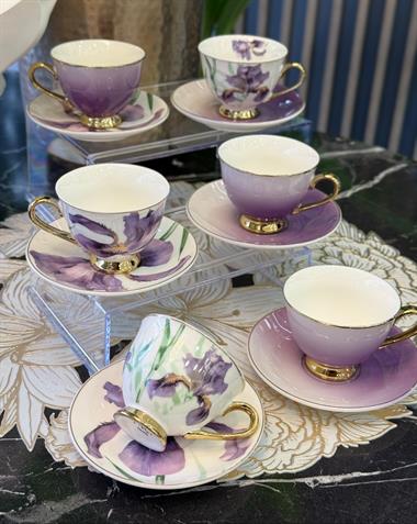 6lı Porselen Purple Lavander Kahve Fincanı