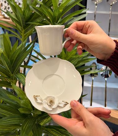 6lı Porselen White Daisy Gold Kahve Fincanı