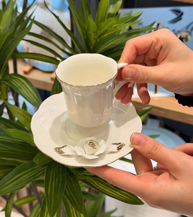 6lı Porselen White Daisy Gold Kahve Fincanı