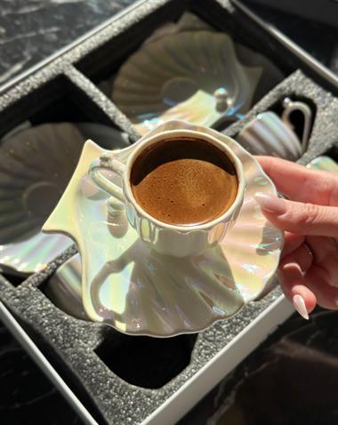 6lı Sedefli İncili Porselen Kahve Fincanı 