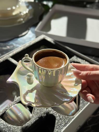 6lı Sedefli İncili Porselen Kahve Fincanı 