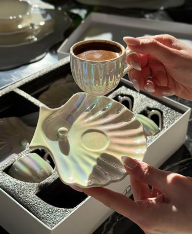 6lı Sedefli İncili Porselen Kahve Fincanı 