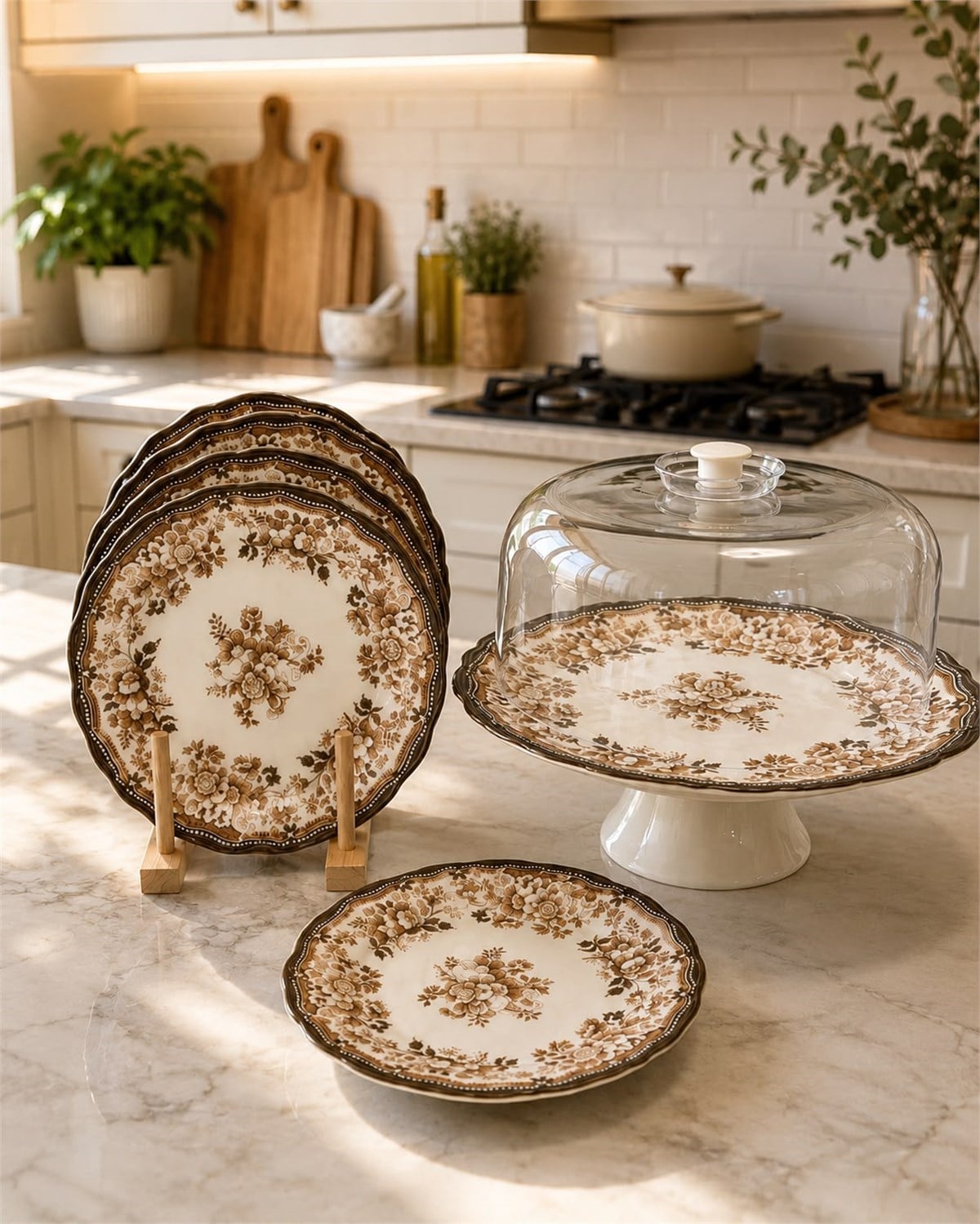 8 Parça Porselen Velour Brown Pasta Seti