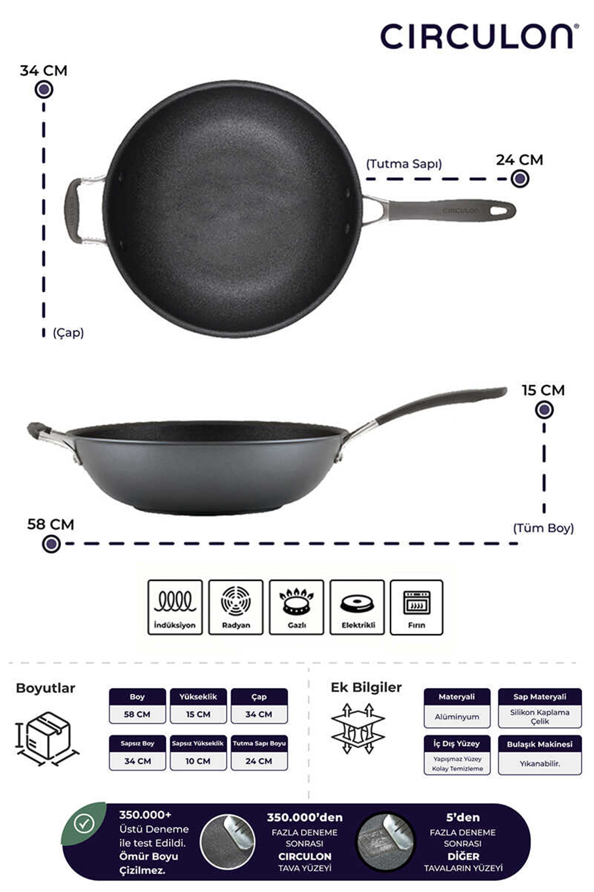 A1 Serisi ScratchDefense Çizilmez Yapışmaz Wok Tava - 34 CM