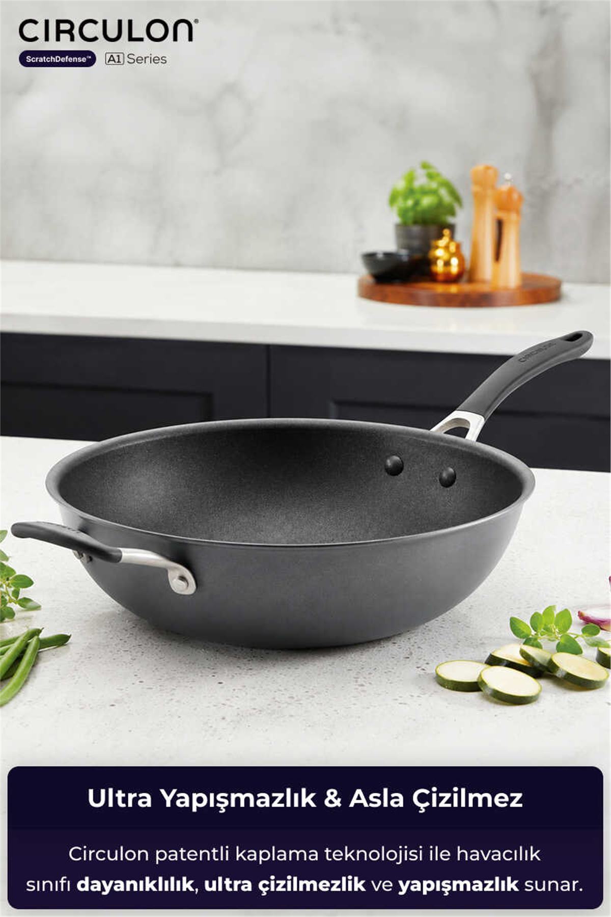 A1 Serisi ScratchDefense Çizilmez Yapışmaz Wok Tava - 34 CM