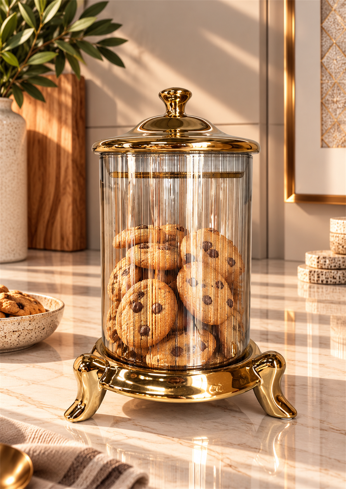 Aurelia Gold Ayaklı Çizgili Cam Dekoratif Kavanoz – Büyük Boy