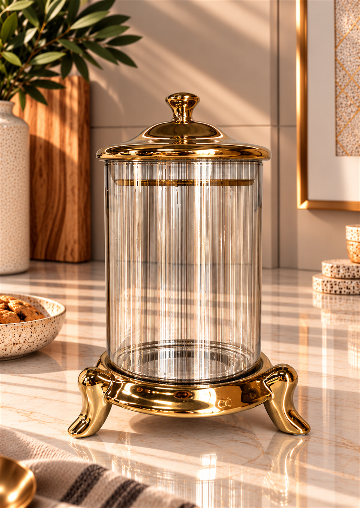 Aurelia Gold Ayaklı Çizgili Cam Dekoratif Kavanoz – Büyük Boy