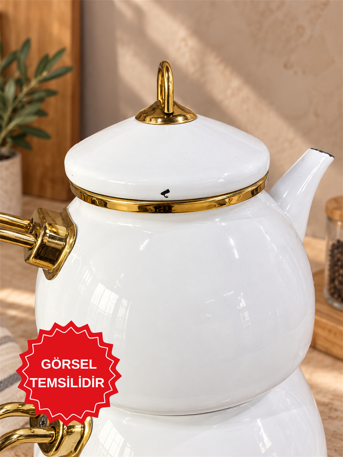 Beyaz Gold Neva Emaye Çaydanlık 
