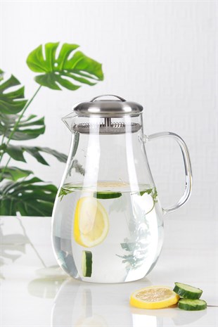 Bloom Metal Kapaklı Oval Cam Sürahi - 2000 ml 