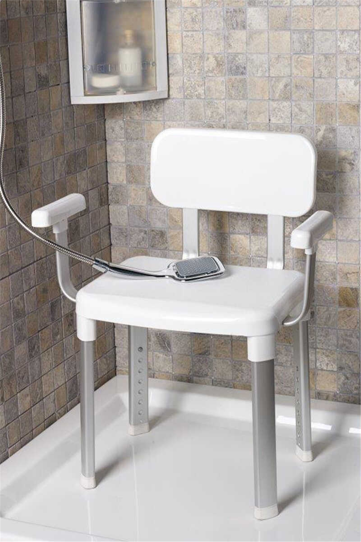 Cappadocia Paslanmaz Alüminyum Sırt ve Kol Destekli Yaşlı Engelli Banyo Sandalyesi (130 KG Kapasite)
