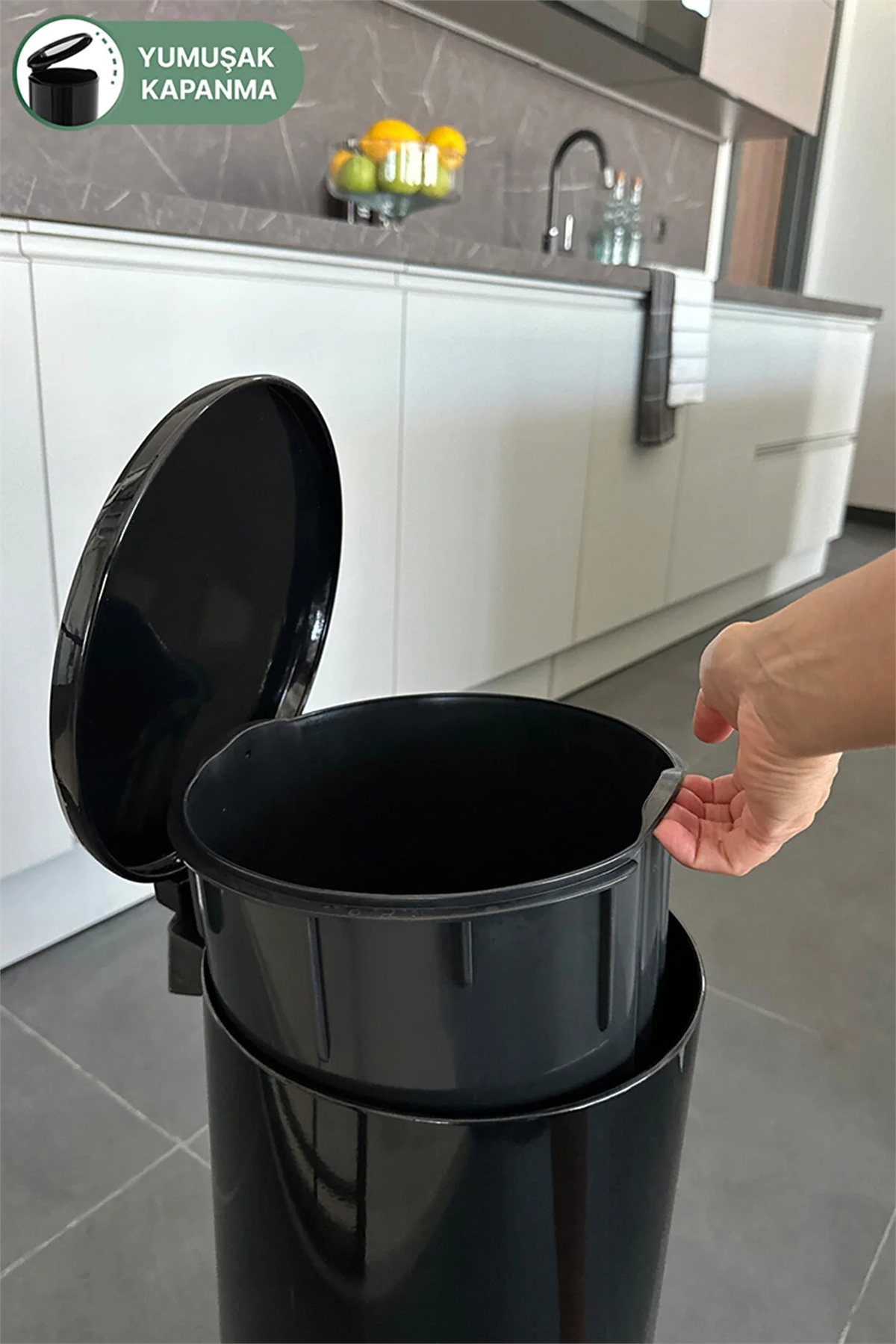 Cigo 20 LT Yumuşak Kapanan Pedallı Banyo Mutfak Ofis Çelik Çöp Kovası - Mat Siyah & İç Kısım Siyah