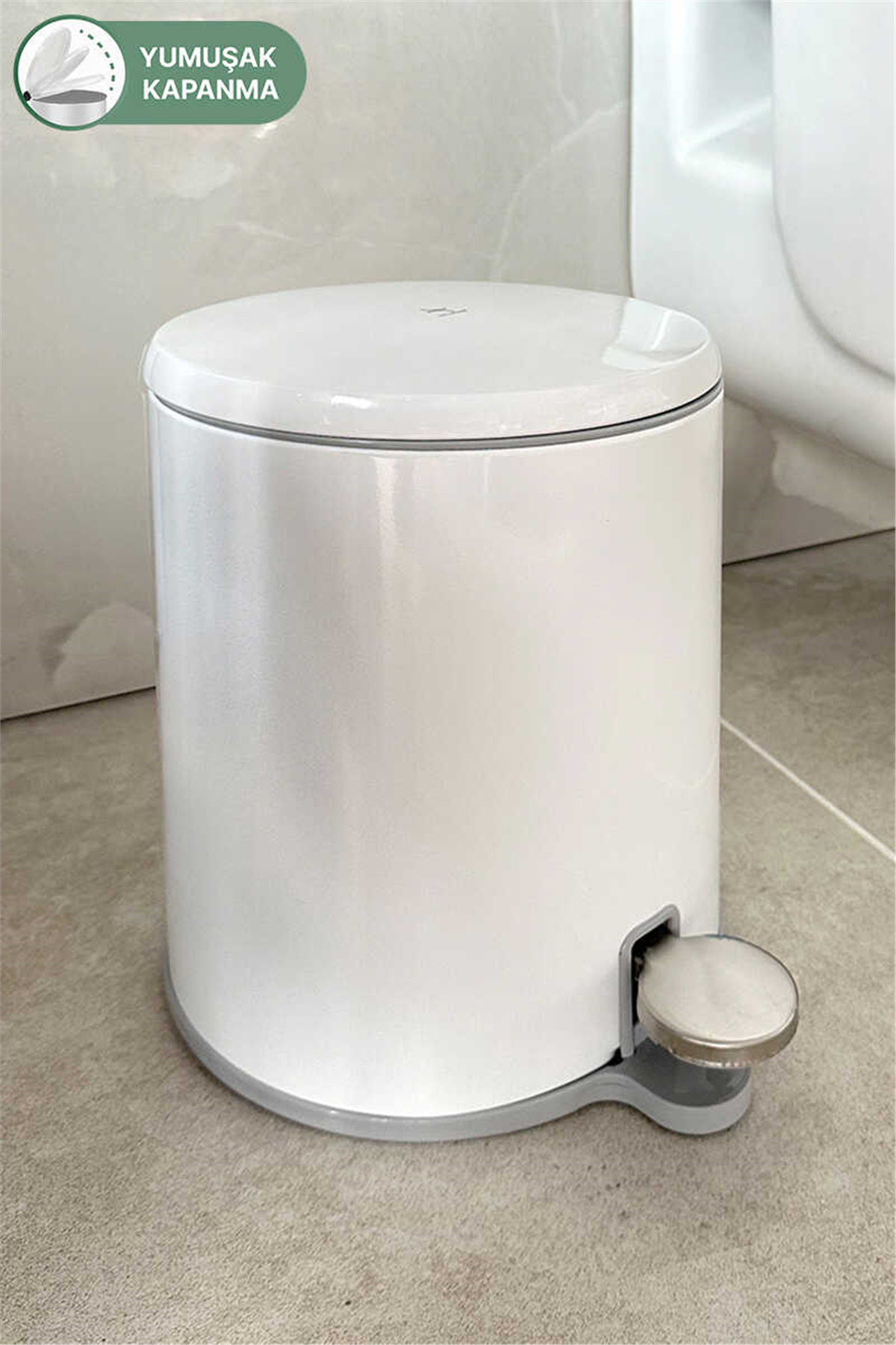 Cigo 6 LT Yumuşak Kapanan Pedallı Banyo Mutfak Ofis Çelik Çöp Kovası - Beyaz & İç Kısım Gri